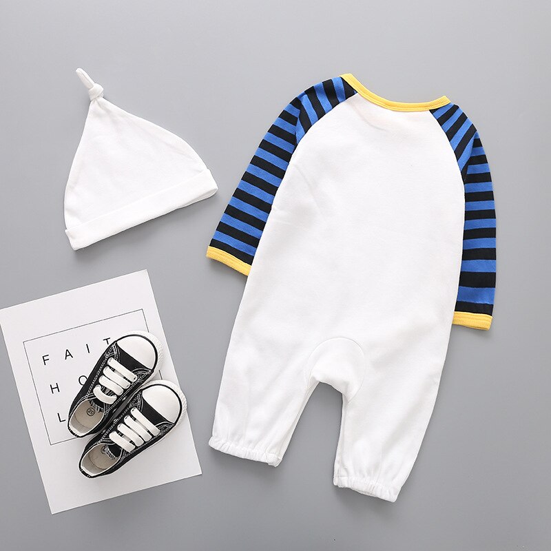 Baby Katoen Lange Rompertjes Baby Jongen Een Stuk Dier Leeuw Gedrukt Jumpsuit met Hoed Set Side Knop Open Rompertjes Jongens outfit