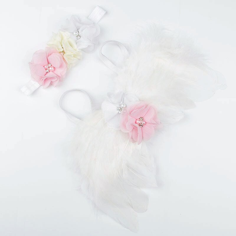 Neugeborene Baby Mädchen Jungen Kinder Flügel + Stirnband Blume Kostüm Foto Fotografie Prop Outfits 2PCS Sets: WHITE