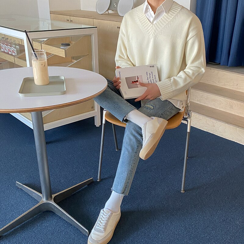 Iefb herre genser med v-hals koreansk vår og høst løst strikket tynn yttertøy 4236 grunnleggende topper herre #39 år 9