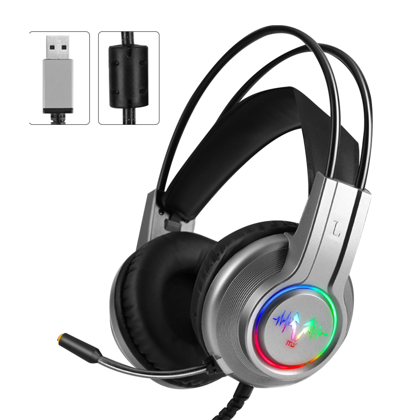 Surround Sound Ergonomic LED RGB Light For Laptop ABS Stereo Noise Canceling Gaming Headset Wired USB Interface Universal: Silver  7.1USB