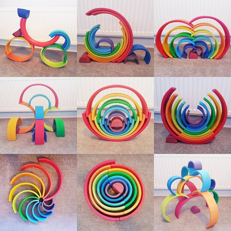 Wooden Rainbow Blocks Wooden stacking toys grimms rainbow Wood Building Blocks Colorful rainbow Children kids Educational Toy