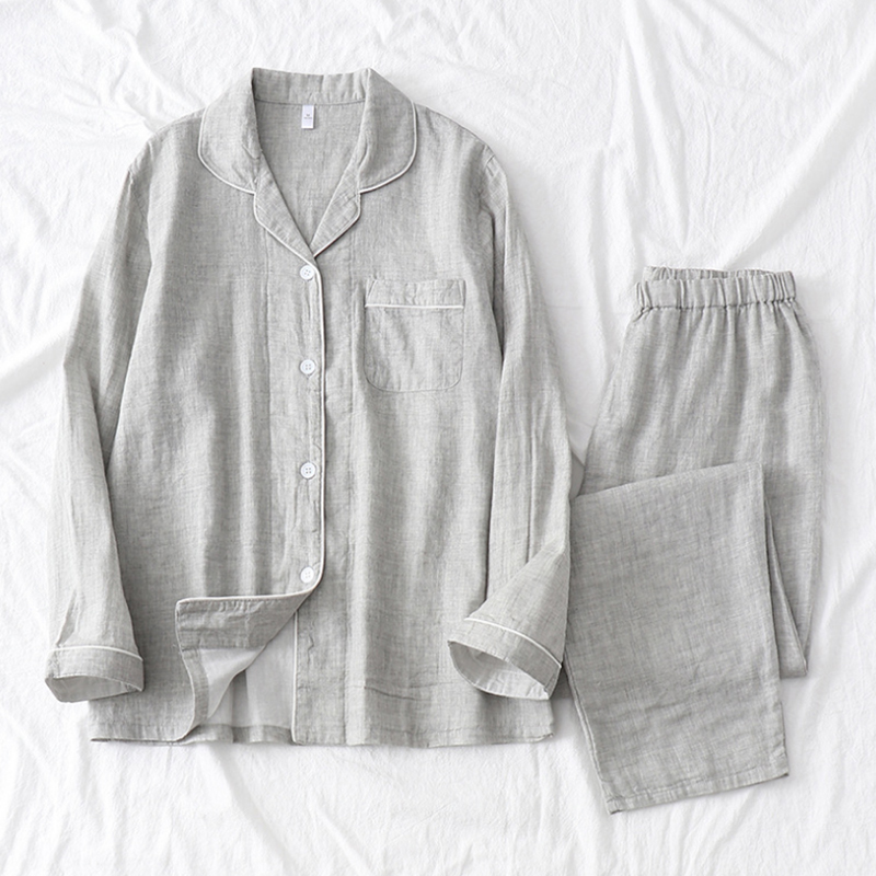 Conjunto de pijama de gasa de crepé doble para hombre y mujer, ropa de dormir con Camisa larga de algodón camisón de manga larga, novedad