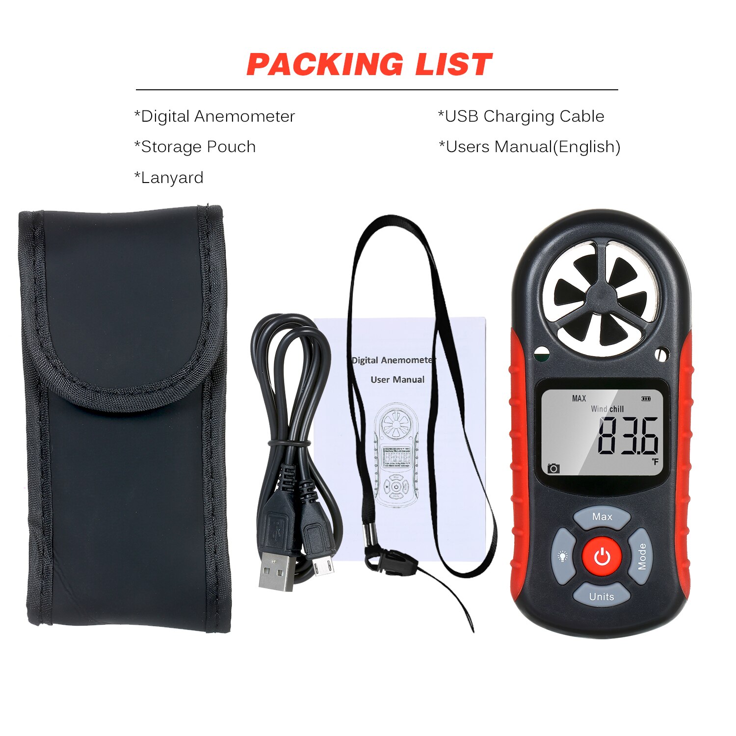 Digital Anemometer Wind Speed/Wind Temperature/Humidity/Heat Index/Dew Point/Barometric Pressure/Altitude Meter Meteorograph