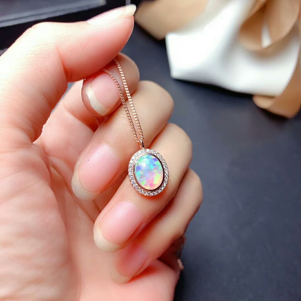 Meibapj naturlig opal ædelsten ellips øreringe ring og halskæde 3 stykke siut til kvinder ægte 925 sterling sølv fine smykkesæt: Rosaguld halskæde