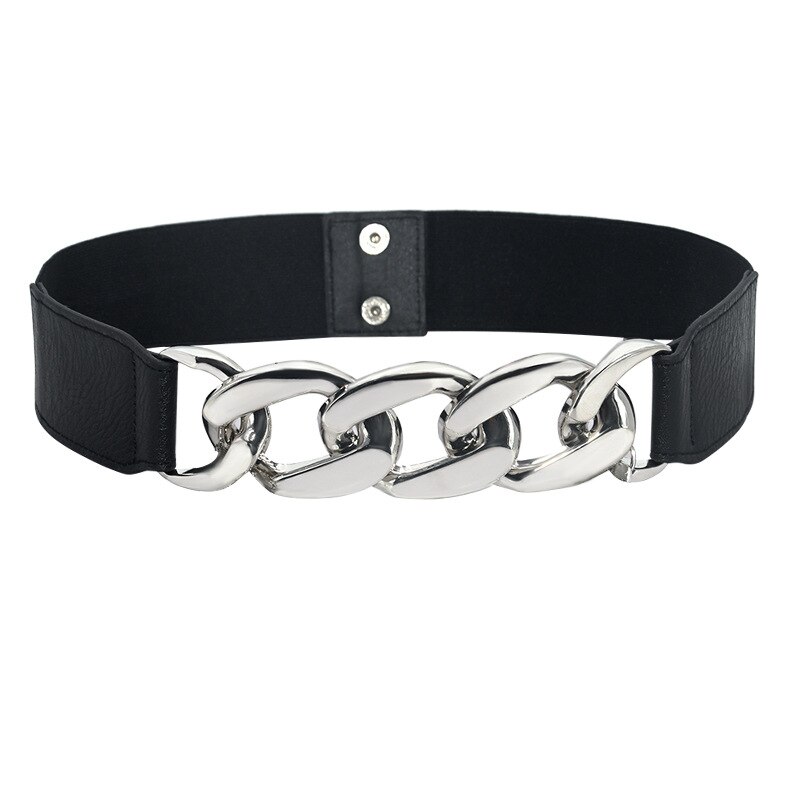 Gouden Ketting Riem Elastische Zilveren Metalen Riem Voor Vrouwen Stretch Cumberbanden Dames Jas Tailleband Elasticiteit 68Cm: black silver