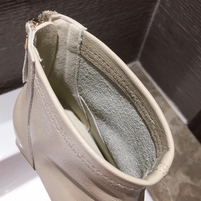Luxe Vrouwen Beige 7Cm Blok Hoge Hakken Enkellaarsjes Winter Vrouwelijke Vierkante Neus Chelsea Laarzen korte Laarzen