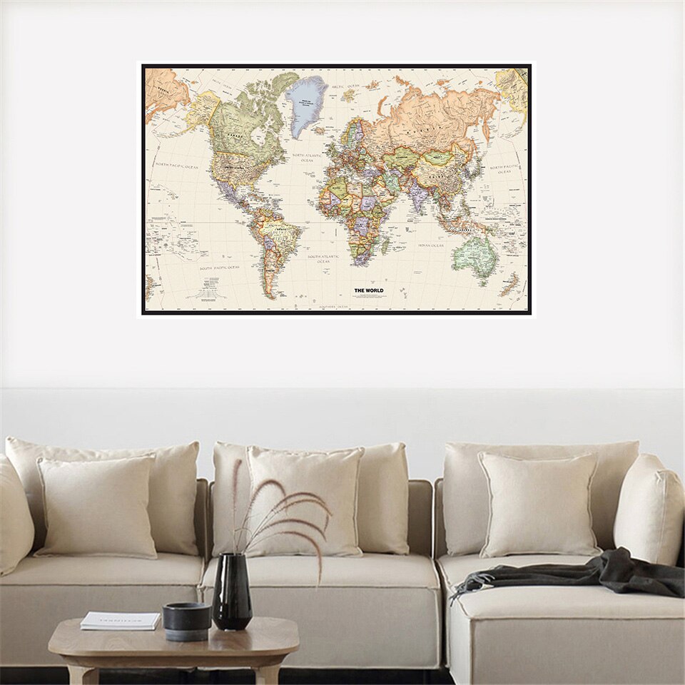 Mapa físico del mundo HD, lienzo de la escuela de pintura pared para oficina, mapa, manualidades decorativas 2x4 pies
