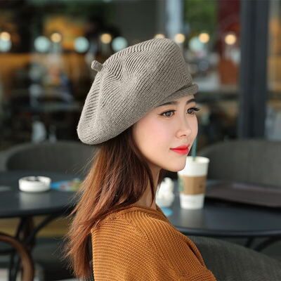 Boina mezclada de lana tejida para mujer, gorro de Otoño Invierno, boinas para mujeres,: khaki