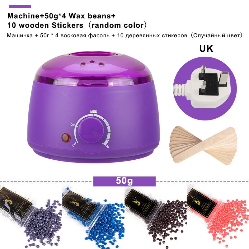Electric Mini Wax-melt Heater Machine 4 Bags Wax Bean 10 Wood Stickers Hair Removal Machine Waxing Kit Calentador de cera: Purple UK plug