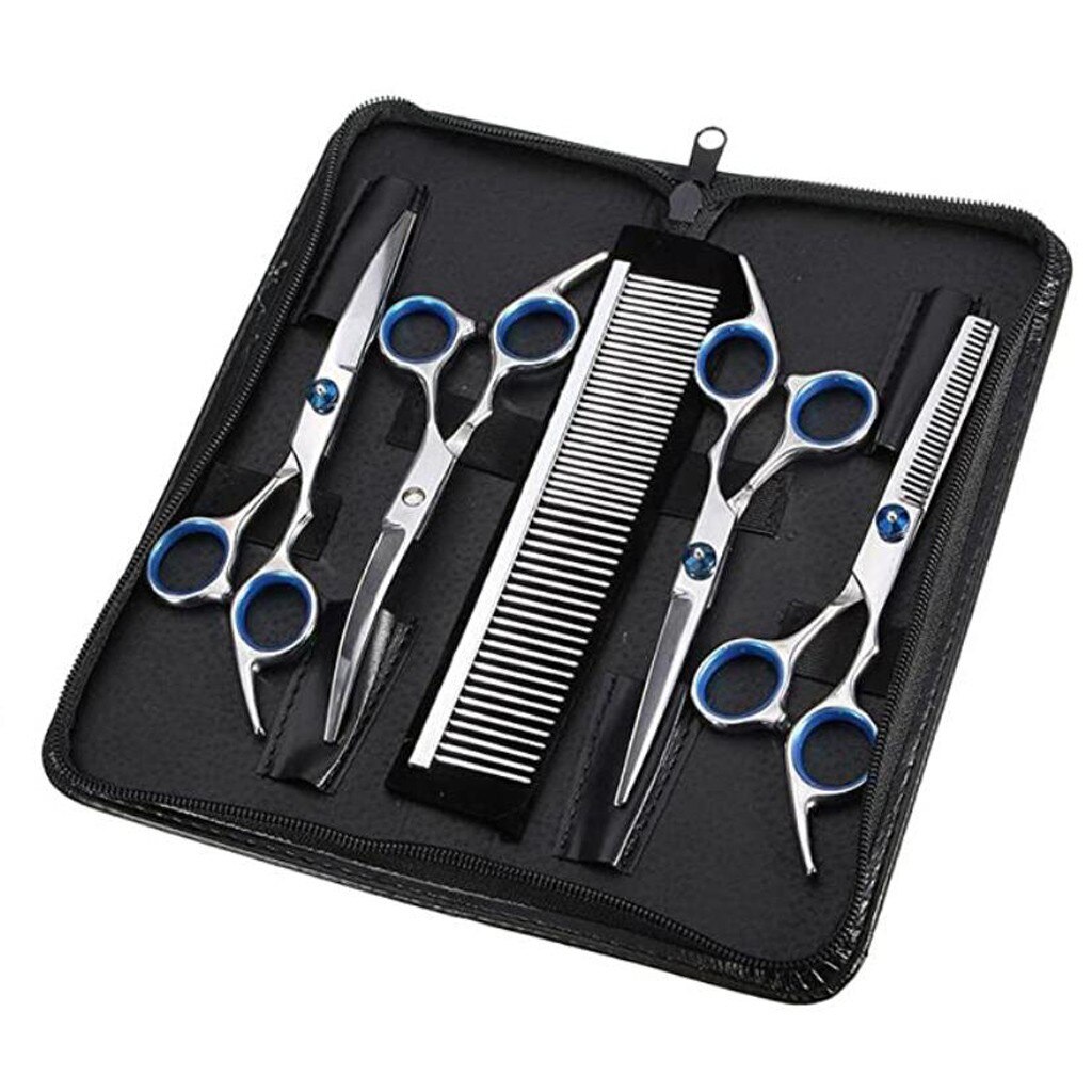4 #5 Pcs Huisdier Schaar Set Roestvrij Staal Dunner Shear Grooming Kam Gebogen Scharen Kat Hond Snijden Dunner Voor groomer