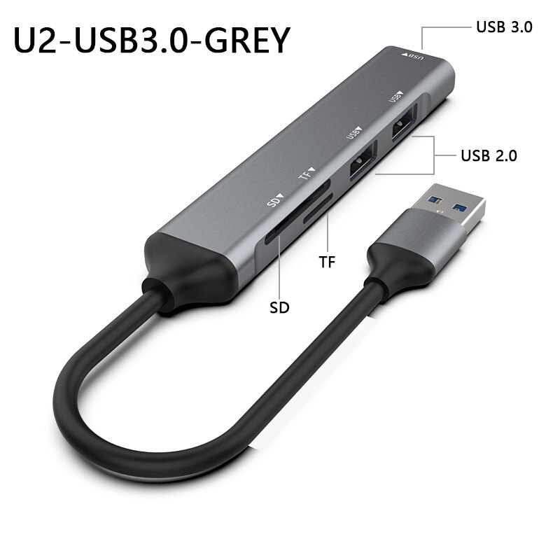 UTHAI SRJ Aluminum Alloy USB3.0/type-c Splitter 5 in 1/4 in 1 Docking Hub with Card Reader TF/SD USB3.0*1/2.0*3: U2-USB grey