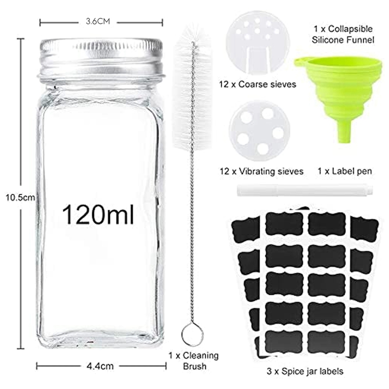 Ensemble de pots à épices avec couvercles, 12 secoueurs à épices, récipient carré en verre de 120 Ml pour stocker les épices