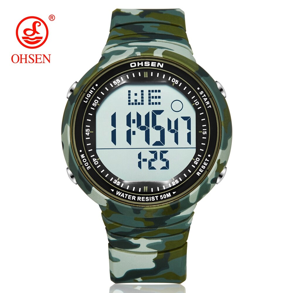 Ohsen Digitale Lcd Sport Mannen Polshorloge Relogio Masculino 50M Waterdicht Alarm Datum Rubber Mode Witte Outdoor Sport Horloge Cadeau: camouflage Green