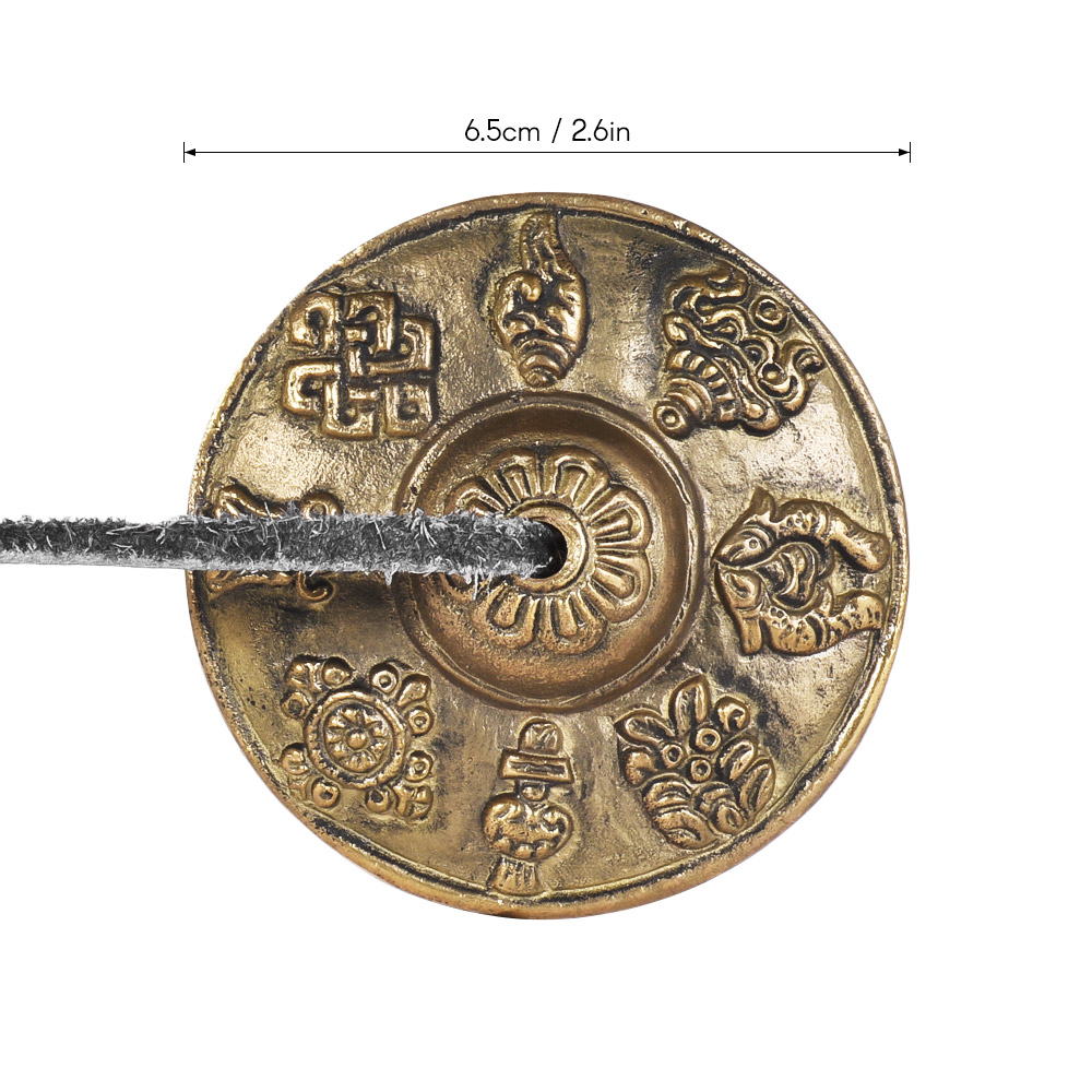 Campana de platillo Tingsha de meditación tibetana hecha a mano, 2.6 pulgadas/6,5 cm, con los ocho símbolos favorecedores budistas