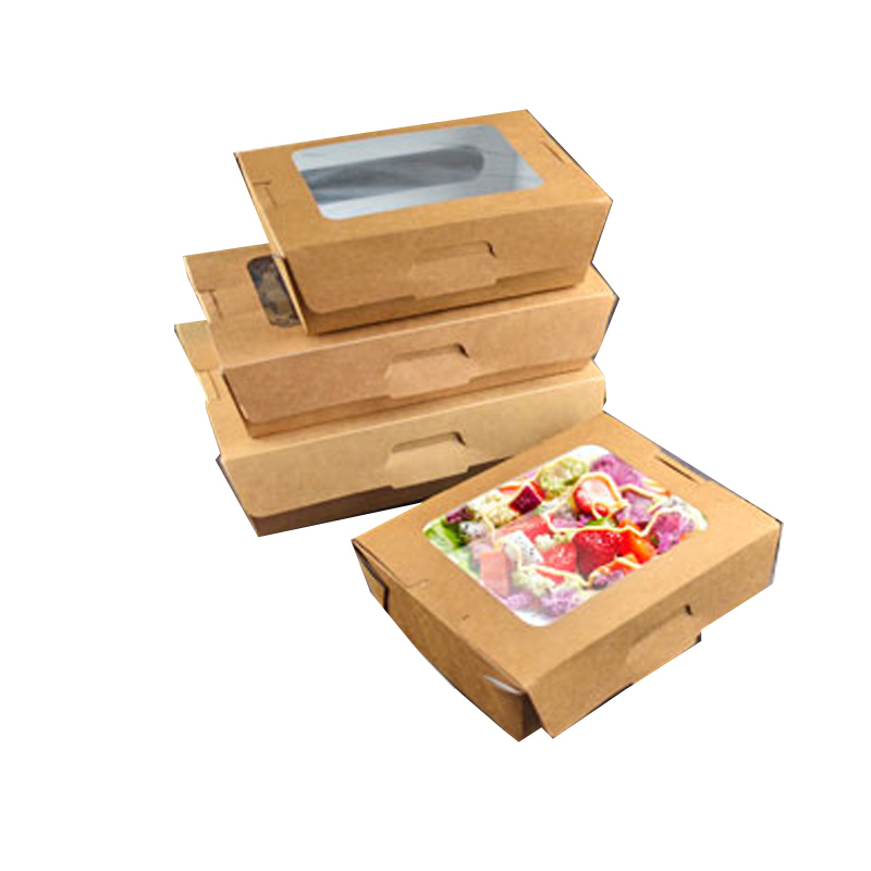 50pcs Brown paper packing box disposable transparent skylight fruit salad container（760ml/970ml/1470ml).