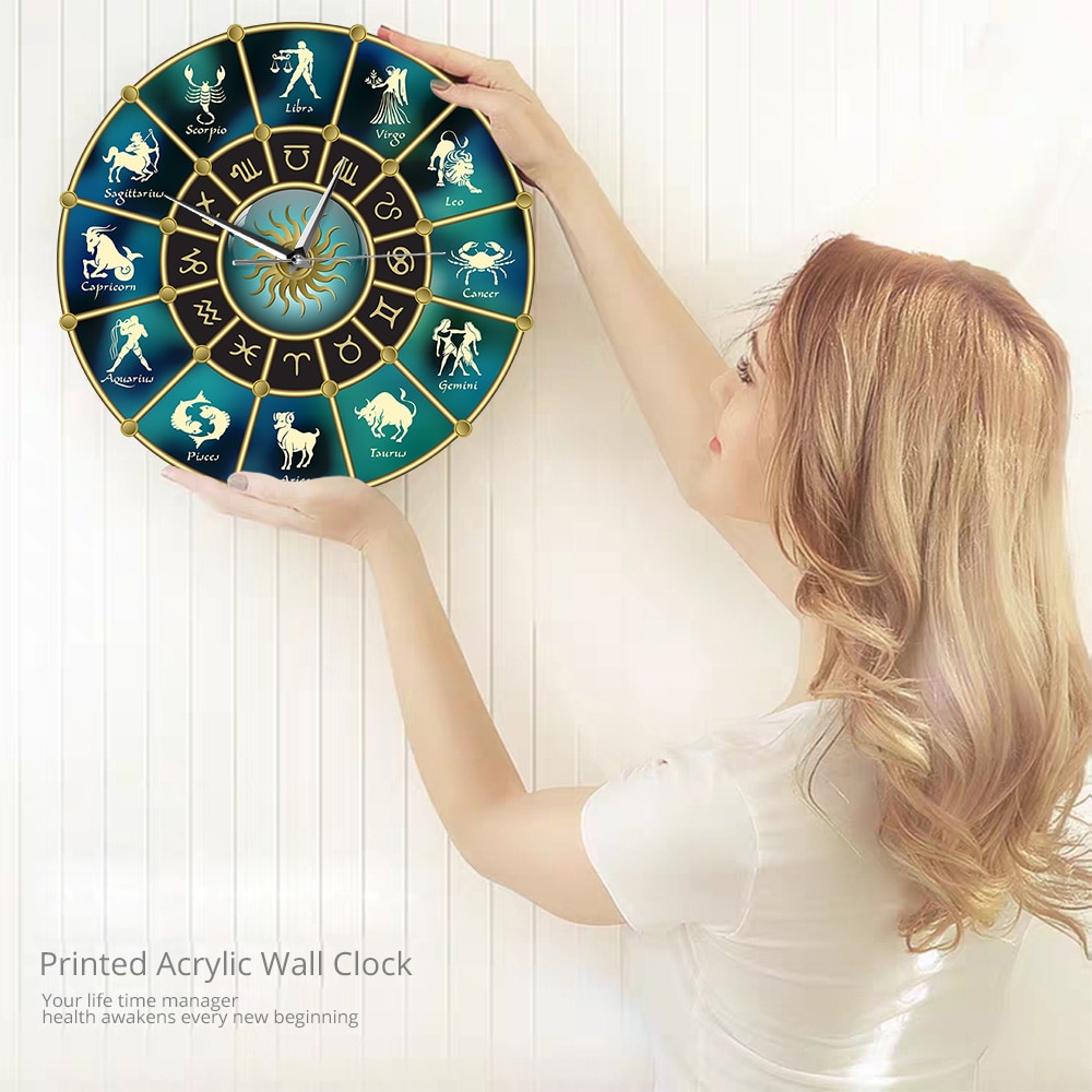 Signs of Zodiac Acrylic Mute Gold Blue Horoscope Circle with Wall Clock Constellation Astrology Symbol Home Decor Wall Watch