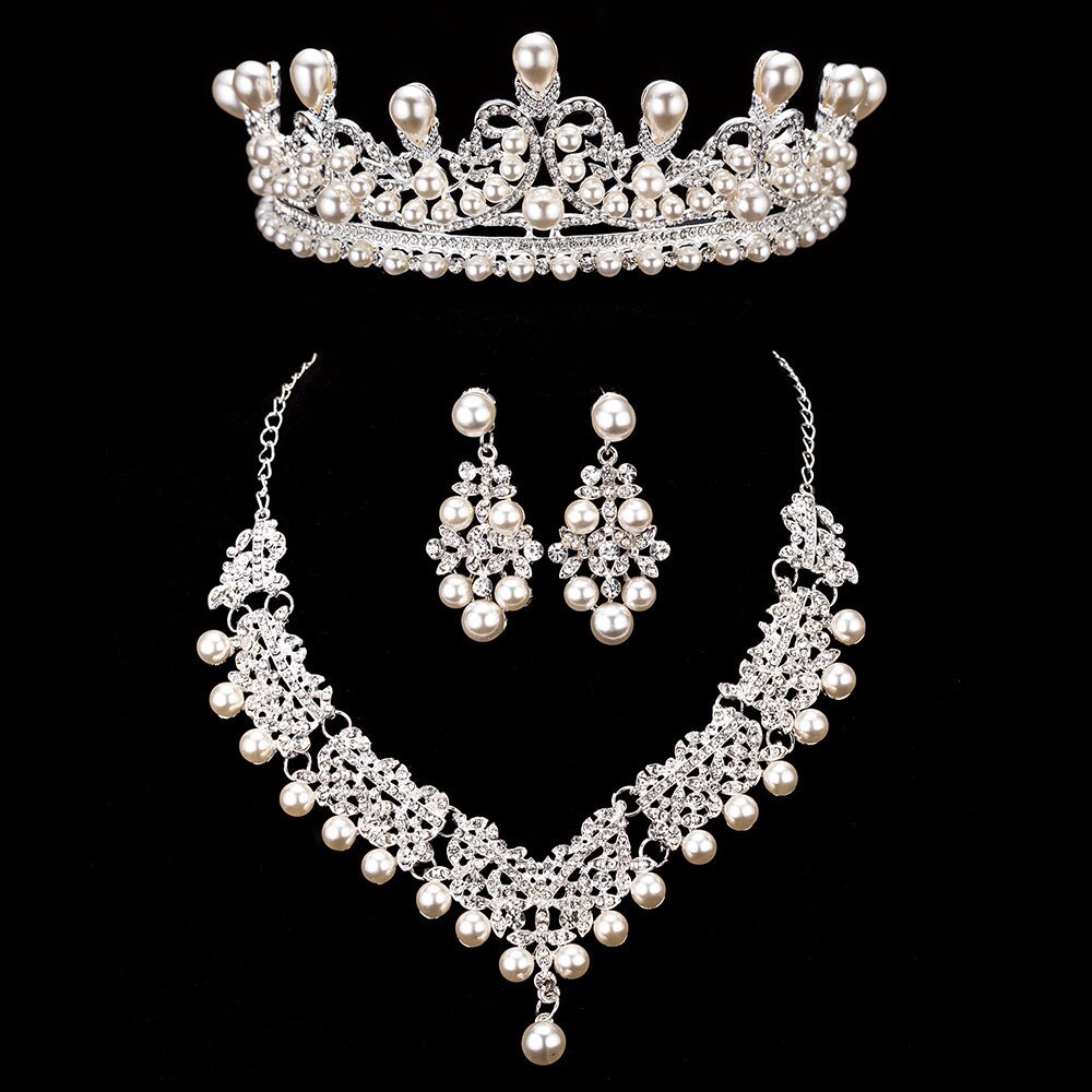 Ensemble de bijoux de fantaisie en cristal pour mariée, perles, collier ras du cou, boucles d'oreilles diadème, ensemble de bijoux de mariée pour femmes,: 3PCS Set Pearl 4