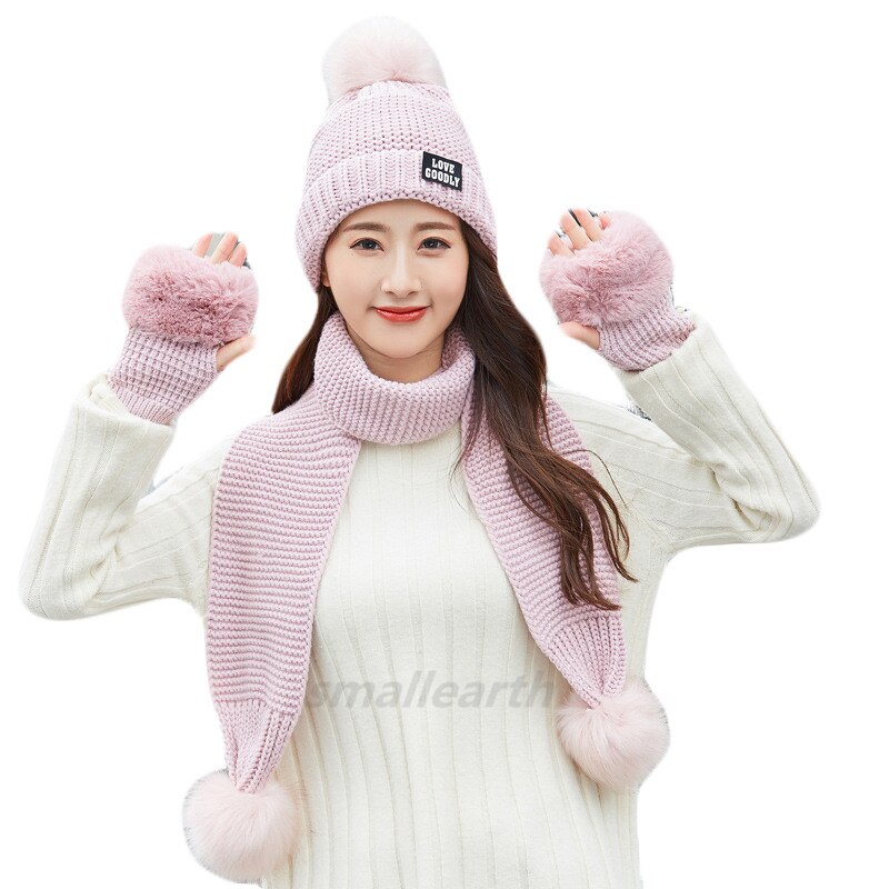 Vrouwen Hoeden Sjaal Handschoen Drie Stukken Sets Winter Gebreide Muts Sjaal Vrouwen Gorros Casual Lange Sjaal Chapeu Feminino bone: purple pink