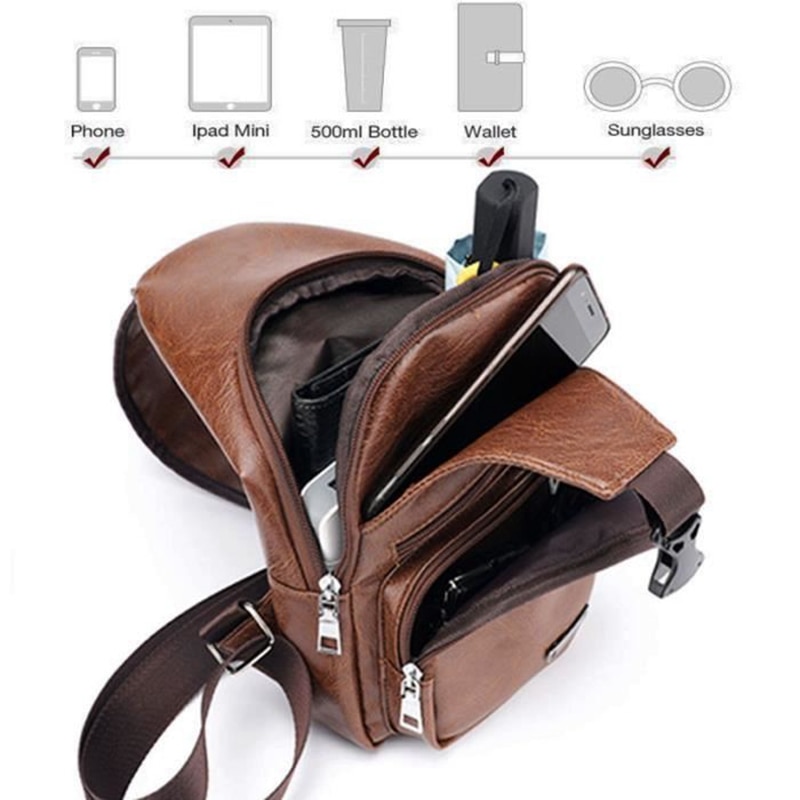 Sac de poitrine pour homme avec Port de Charge sac USB rétro bandoulière en cuir Pu Vintage sac d'affaires pochette pour Sport marron foncé