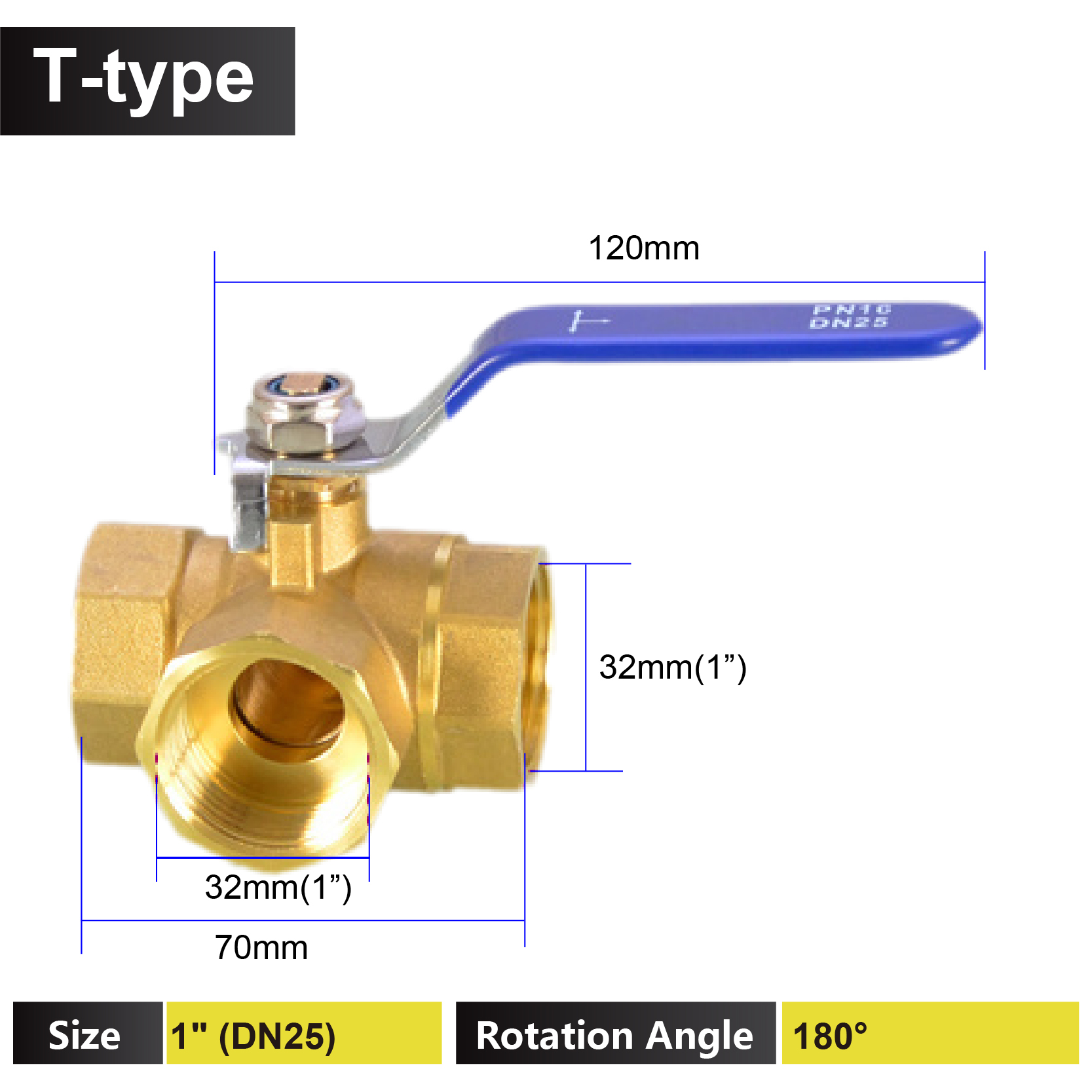 1/4 3/8 1/2 3/4 1 tomme messing 3- vejs ventil t-type l-type indvendig gevind kugleventil afspærring til vand, gas, hvac og vvs: Brun
