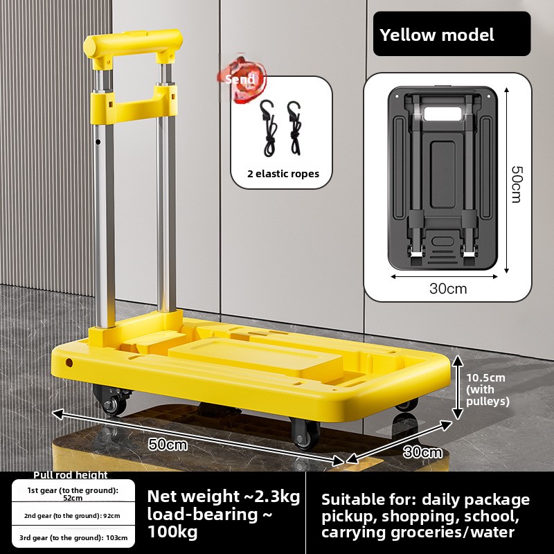 Sammenleggbar håndkjerre, bagasjevogn, flyttevogn for husholdning, lastebil med flatbed, teleskopisk trekkstang, stille universalhjul: Svart