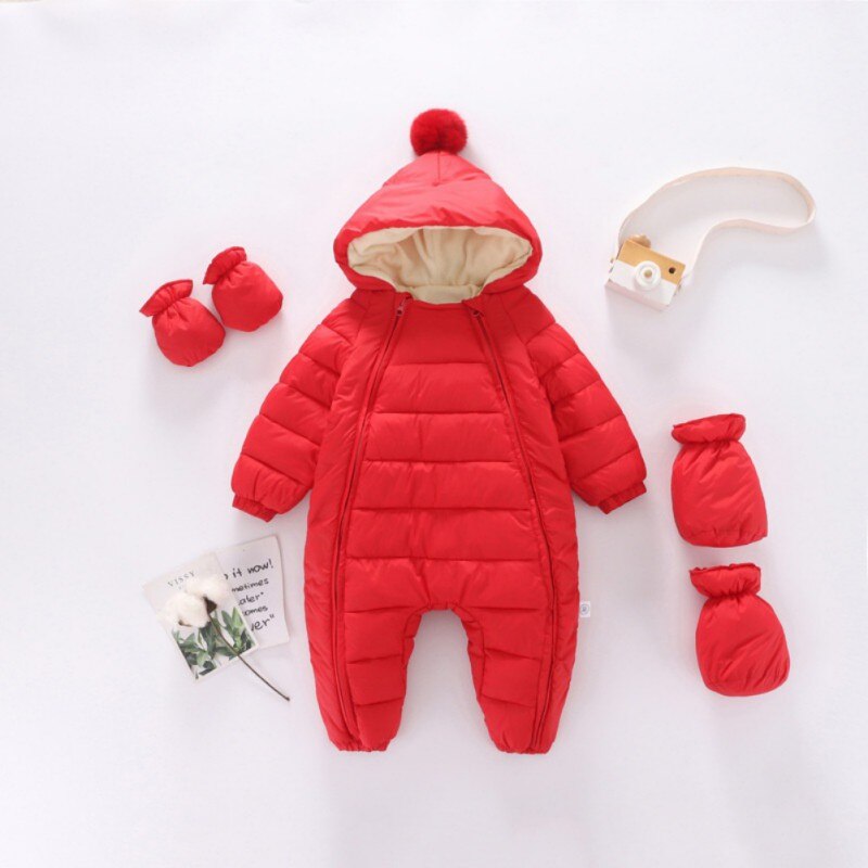 Piumino invernale con cerniera pagliaccetto ispessito per neonato invernale per ragazze ragazzi pompon tuta con cappuccio + guanti + calzino 0-24M: R / 24M