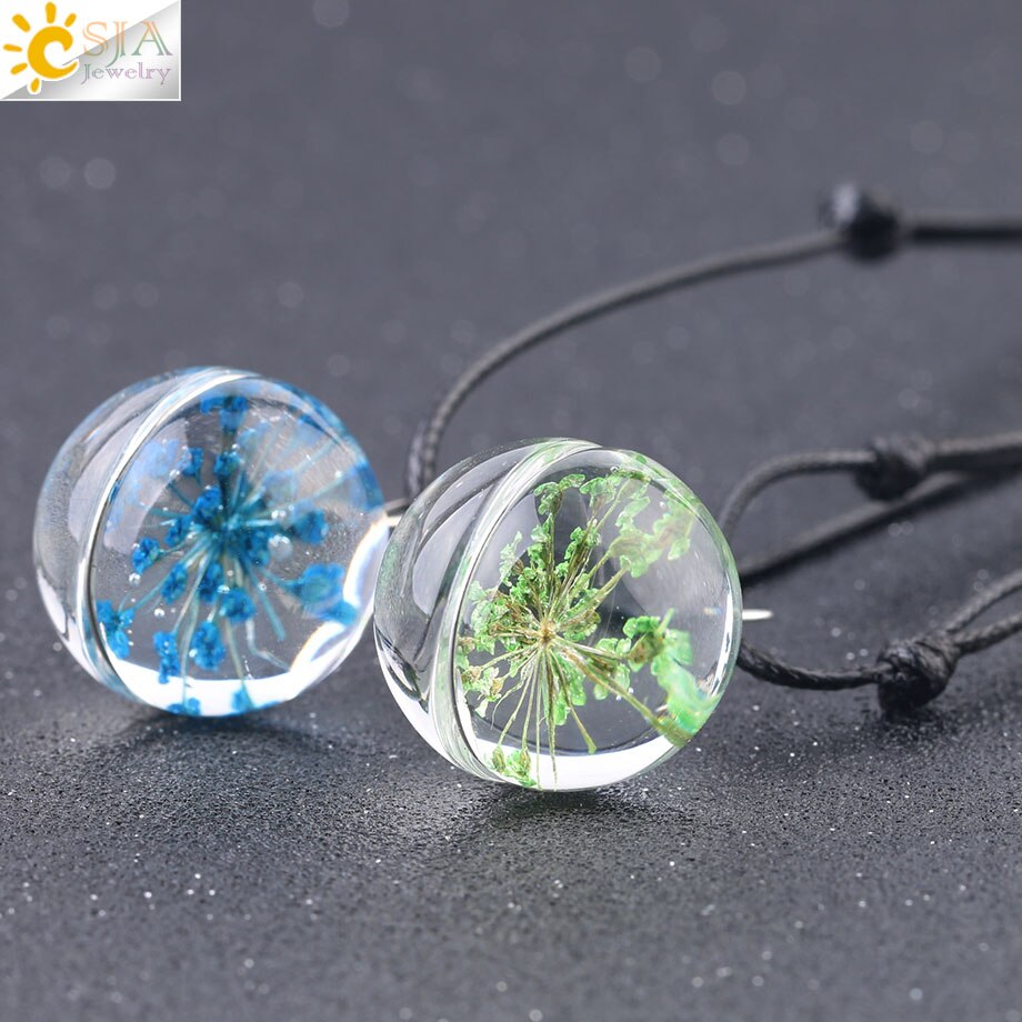 CSJA Decorativo di Modo di Fiori Secchi Collane & Pendenti con gemme e perle di Vetro Palla A Secco Pianta Pendente Corda di Cuoio per le Donne di Fascino Dei Monili F586