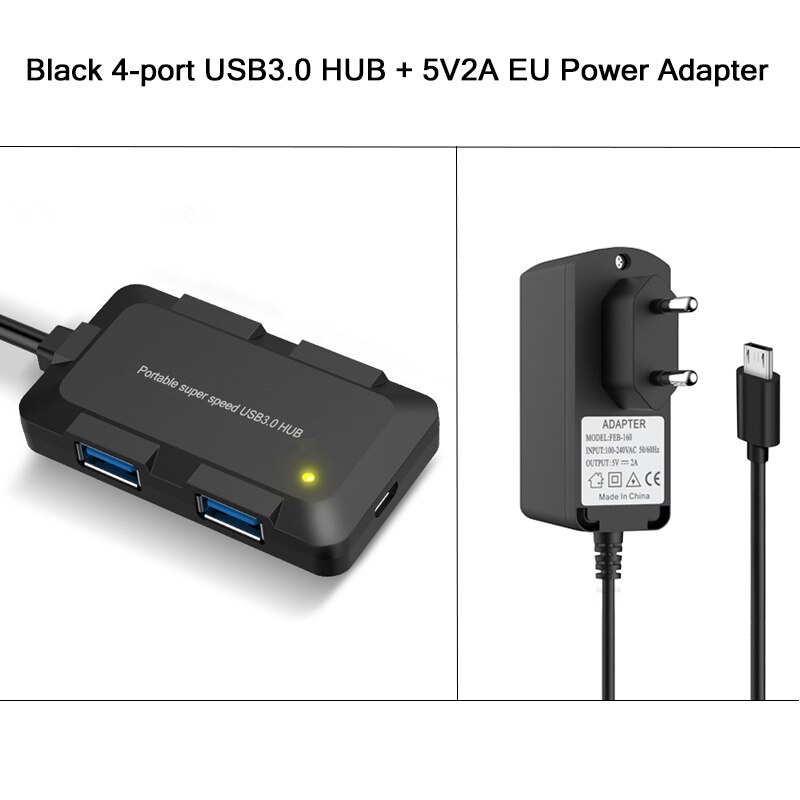 4 Ports USB3.0 Hub 5Gbps Super Speed Hab 750mm Cable Portable Black White Micro-USB Power Supply Splitter For Multi USB Devices: USB3.0 Black EU