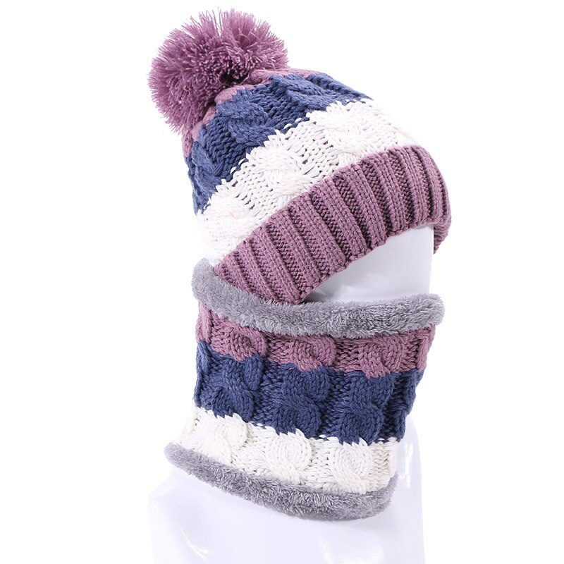 Vinter pompon hat og tørklæde sæt til kvinder strikket tykke varme piger motorhjelm hatte med foring kvindelig hals ring tørklæde 2 stykke sæt: D