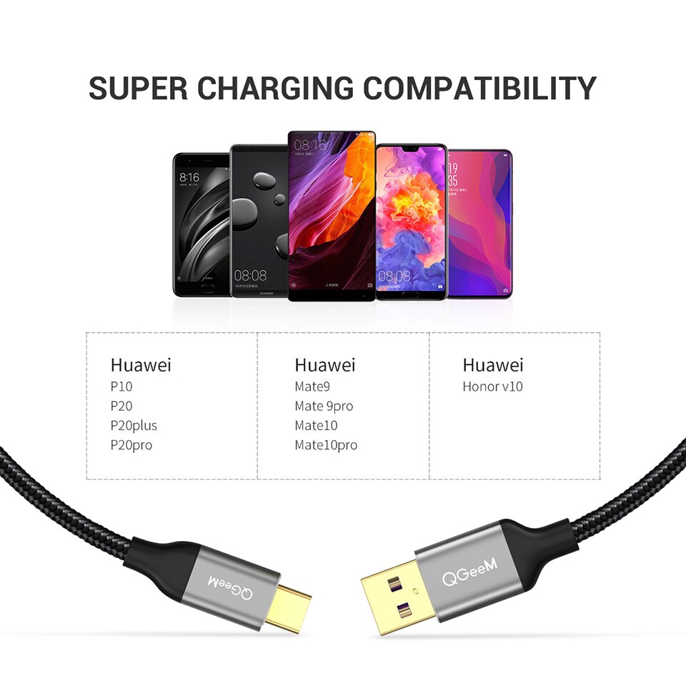 QGEEM 5A USB Type C Kabel voor Huawei P20 Mate 20 Pro USB Snel Opladen USB C Datakabel Honor v10 Supercharge Type-C Kabel