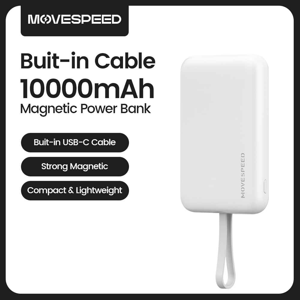 MOVESPEED L10 Magnetische Power Bank 10000 mAh Draagbare Externe Batterij Ingebouwde Type C Kabel voor MagSafe Powerbank voor iPhone 16: TRANSPARENT