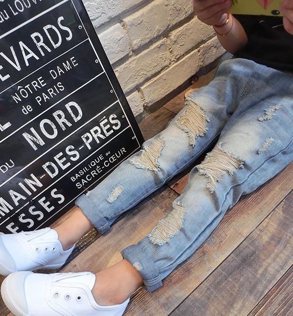 Pantalones vaqueros rasgados de color sólido para niñas, pantalón de pierna recta, ropa para niños, novedad, otoño