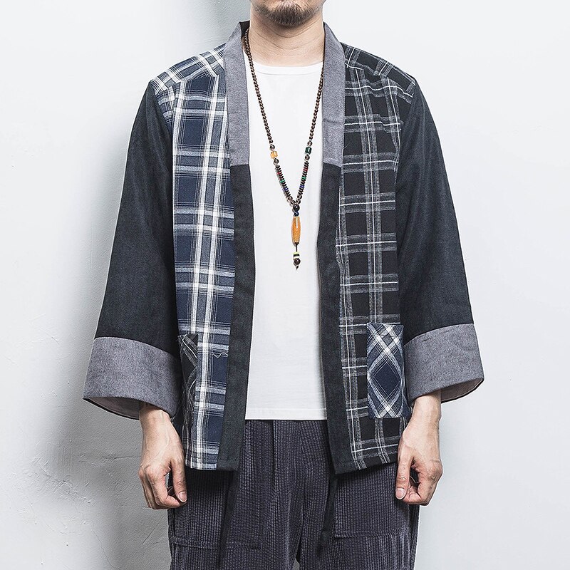 Kimono japonais à carreaux en coton pour hommes, vêtements d&#39;extérieur Haori, manteau Hanten à la , vêtements de samouraï, Yukata,