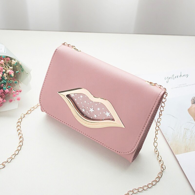 Stora läppar kvinnor axelväska glänsande stjärnor läderbyte handväska kvinnliga crossbody messenger kedjeväskor dam kvinnor väska: Rosa