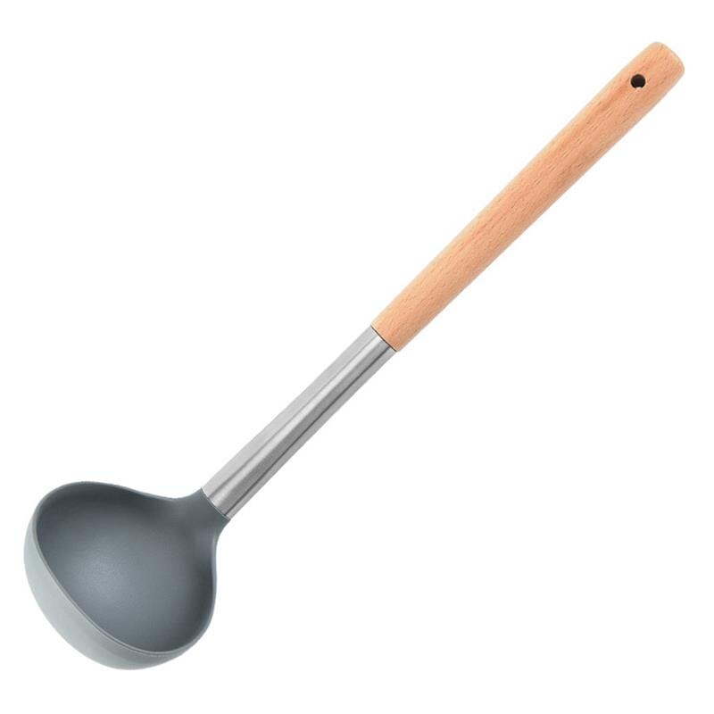 Stainless Steel Kitchen Utensil Non Stick Wooden Long Handle Soup Ladle Frying Spatula Slotted Spoon Useful Kitchen Cooking Tool: 2