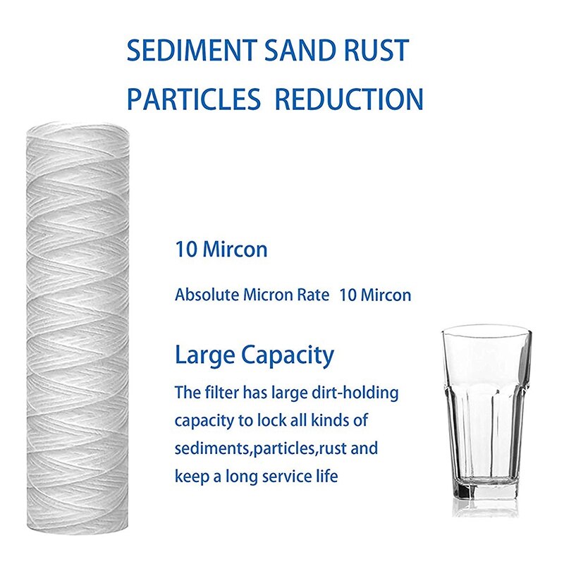 10 Micron 10 Inch x 2.5 Inch String Wound Sediment Water Filter Cartridge Whole House Sediment Filtration, Universal Replacement