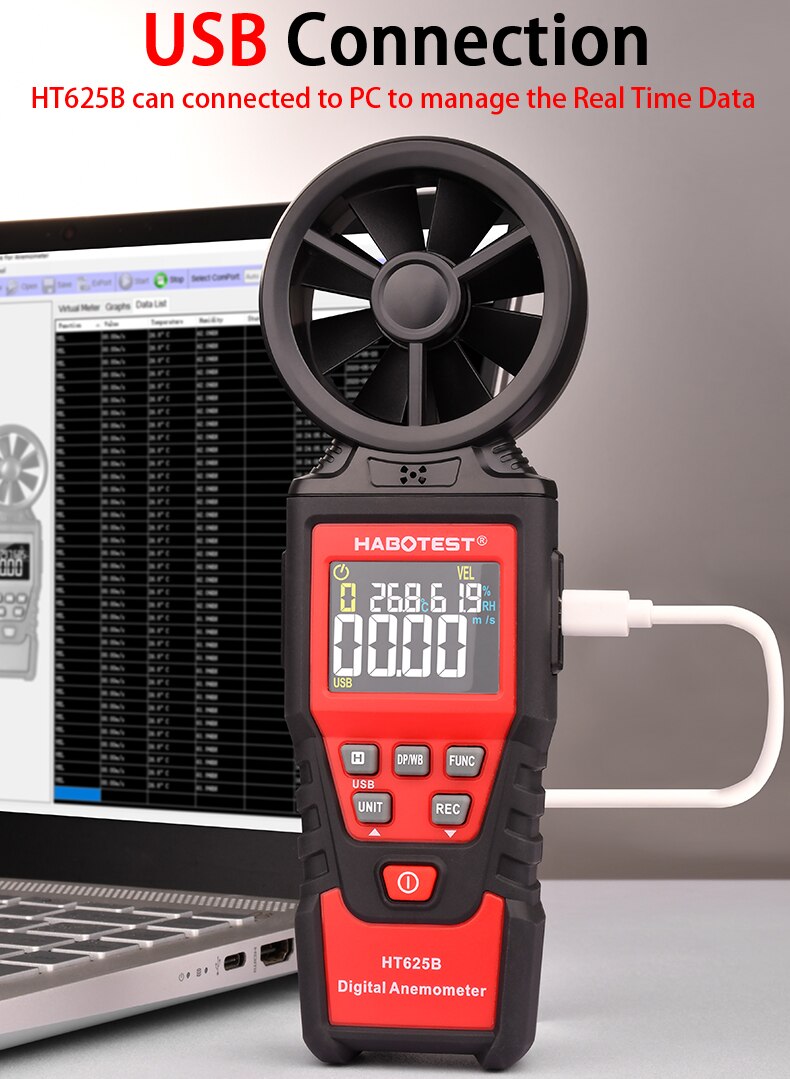 Portable HT625 digital anemometer handheld anemometer for wind speed temperature and wind chill measurement with backlit LCD: HT625B WITH USB