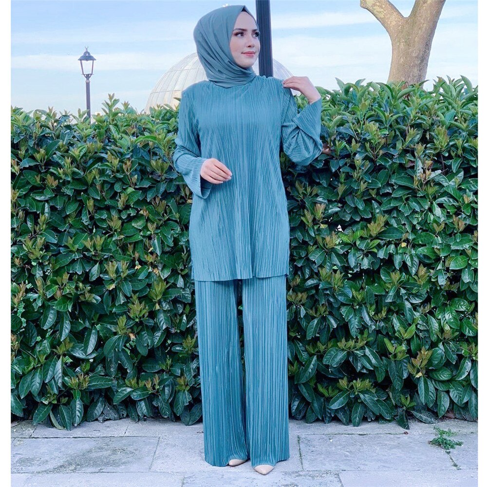 Ensemble 2 pièces pour femmes musulmanes, manches longues plissées, hauts, jambes larges, pantalons, costume, dubaï, Abaya, Kaftan turc, robe Eid Mubarak: Blue Green / L