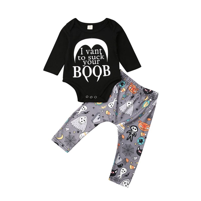 Halloween babykleding voor jongens, 2 kleuren , 2 stuks peuterkleding voor jongens en meisjes, t-shirt, topjes en broekjes, outfitsset: Zwart / 6m