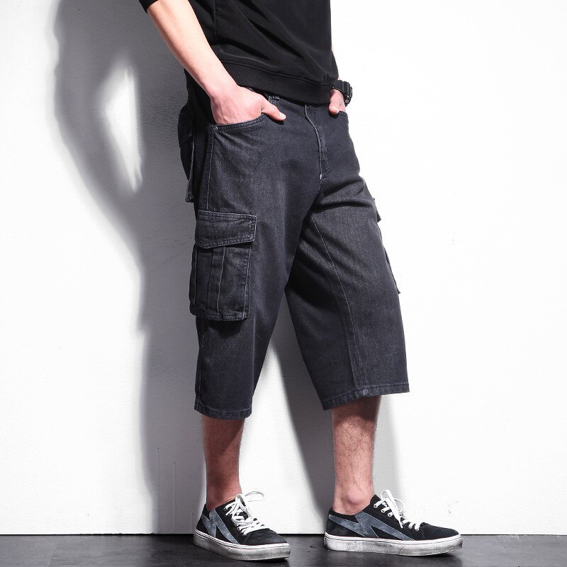 Casual herr jeans shorts sommar stora fickor shorts jeans skateboard byxor för rappare herr lösa baggy kort overall  a9144