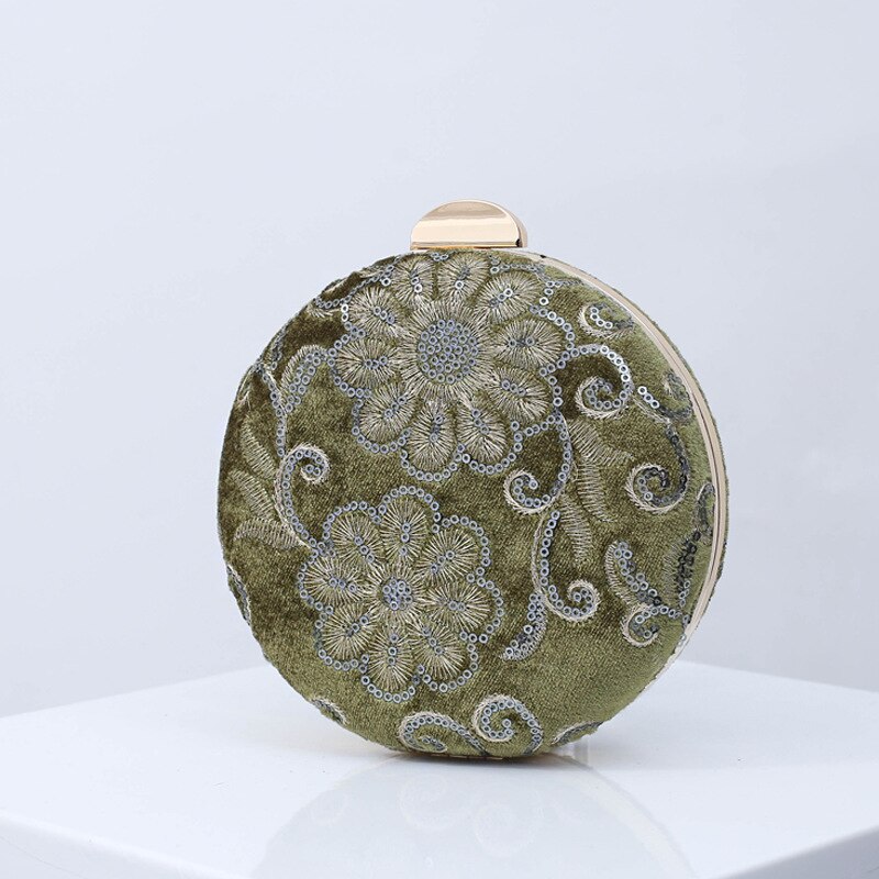 Velour Round Shape Evening Bags Clutch Bag With Chain Small Handbags Wedding Banquet Embroidered Flower Clutches Purse Retro