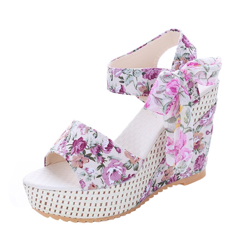 Dames zomer sandalen met sleehak dames sandalen plateau veter riem strik slippers open teen hoge hakken dames schoenen vrouwelijk: Roze bloemen / 5