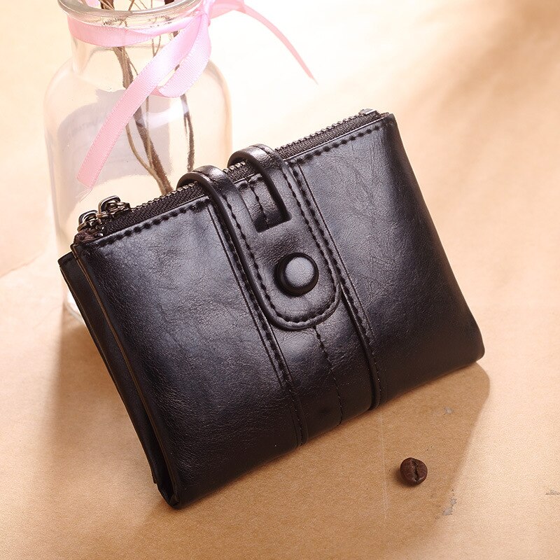 Portefeuille RFID en cuir ciré à l'huile de , Long portefeuille rétro pour femmes, portefeuille féminin porte-carte pochette cartera homme: Short black