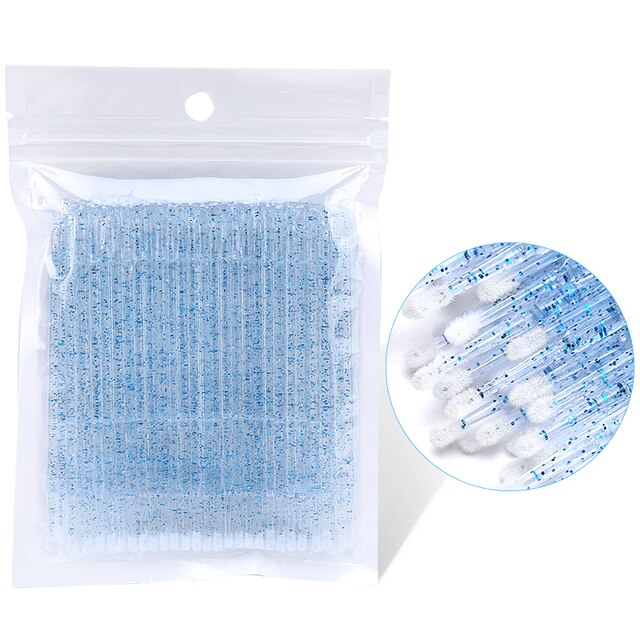 100pcs Disposable MicroBrush Eyelashes Extension Individual Lash Removing Swab Crystal Micro Brush Eyelash Extensions Tools: crystal blue