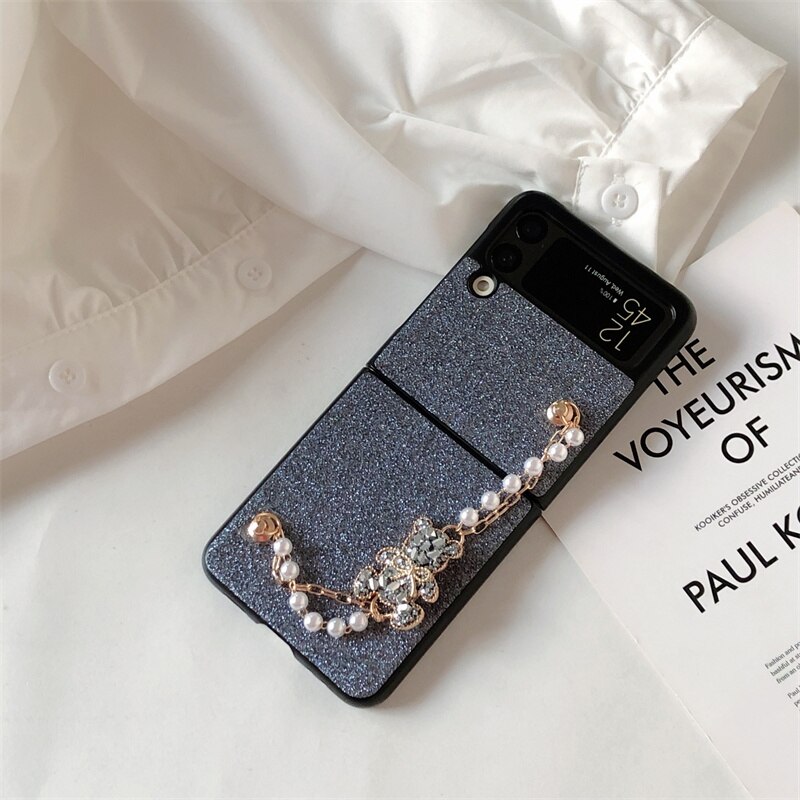 Z Flip3 Phone Case Cute 3D Rhinestone Bear Link Pearl Bracelet Cover For Samsung Galaxy Z Flip 3 5G Full Glitter Powders Cases