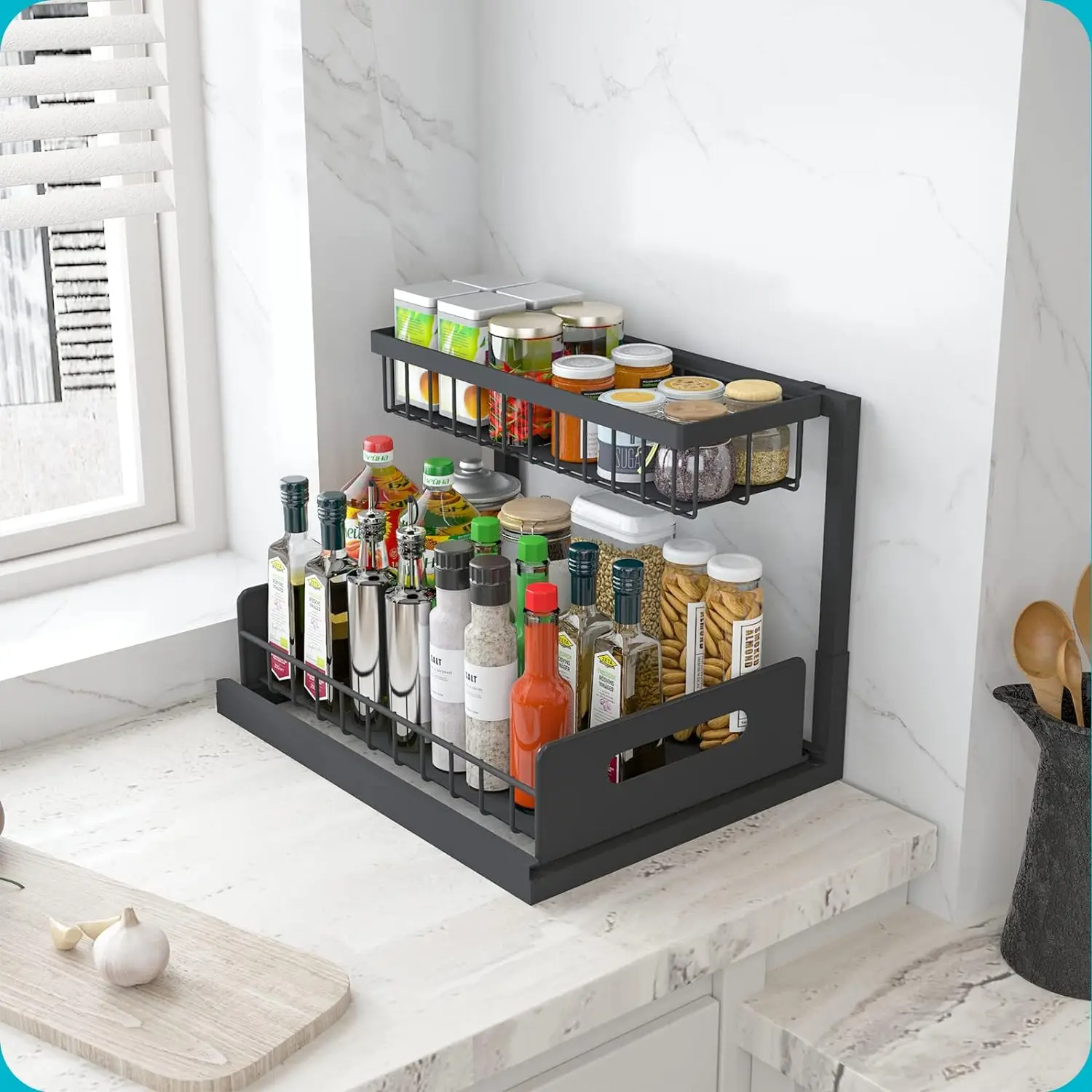 Under Sink 2 Tier Sliding Cabinet Basket Organizer Drawer Pull Out Cabinet Multi-Purpose Sink Organizer for Bathroom and Kitchen