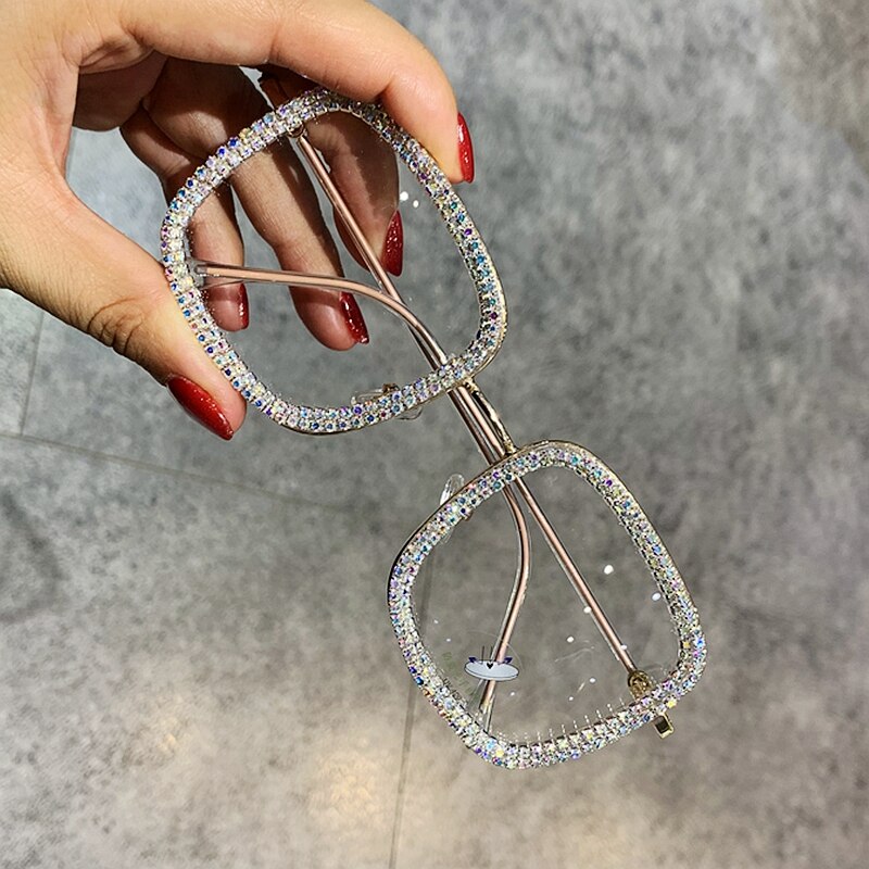 Blue Light Glasses Prescription Eyeglasses Square Oversized Rhinestone Eyewear Frame for Women Men