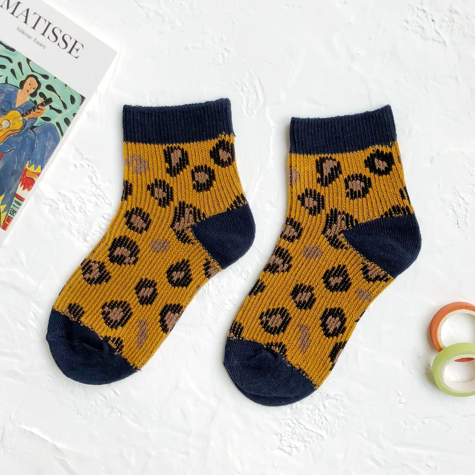 Baby Lotus Spring Autumn Breathable Leopard Boys Girls Socks Children Cute Socks 1-8Y: Yellow navy / 1-3Y