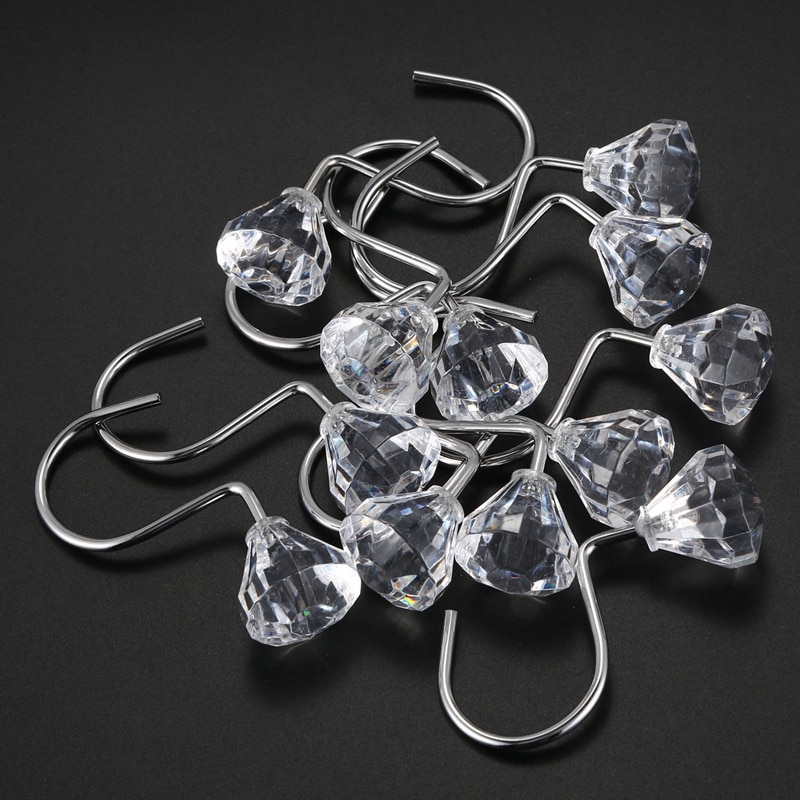 Pack of 12 Shower Curtain Hooks Diamante Style Acrylic + metal