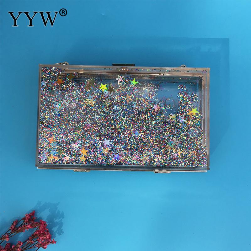 Bolso de mano de acrílico transparente con brillo para mujer y niña, caja de mano con lentejuelas, colorido, para de noche, boda, brillante: silver yellow star